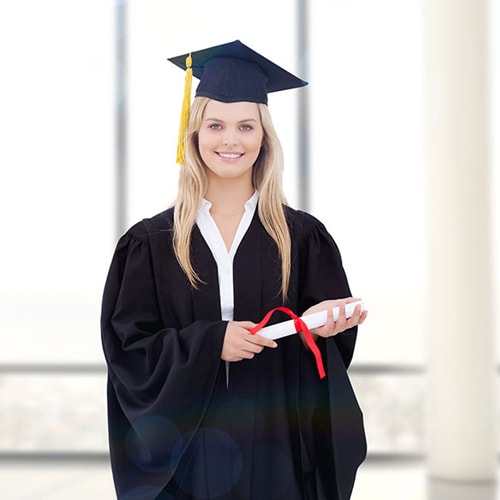 Smiling blonde student graduate robe holding